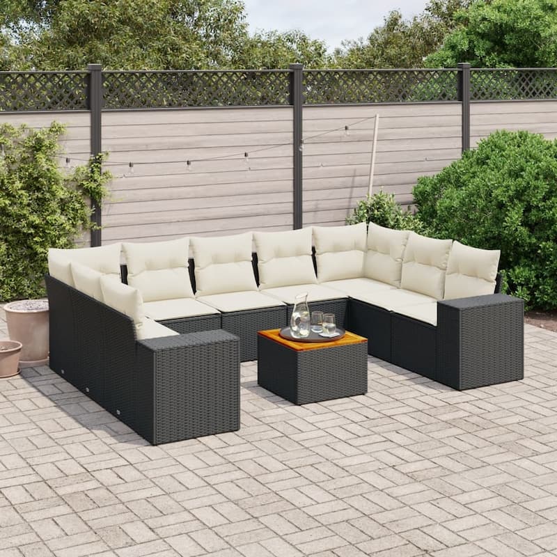 vidaXL Patio Sofa Set with Cushions Outdoor Furniture 10 Piece Poly Rattan - Black and cream - form1 - 24.4 x 32.7 x 27.2 in