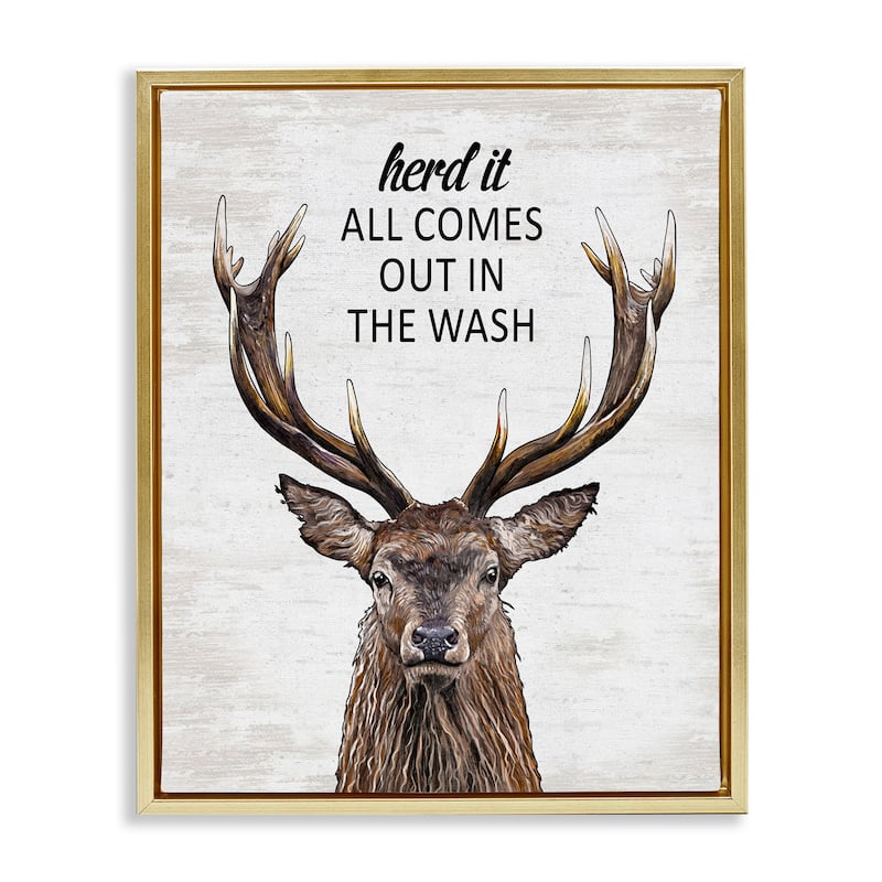 Stupell Laundry Deer Pun Framed Floater Canvas Wall Art Design By Lettered and Lined - 17 x 21 - Gold