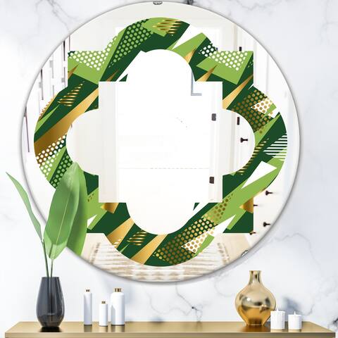 Designart 'Triangular Gold and Green Design I' Printed Modern Round or Oval Wall Mirror - Quatrefoil
