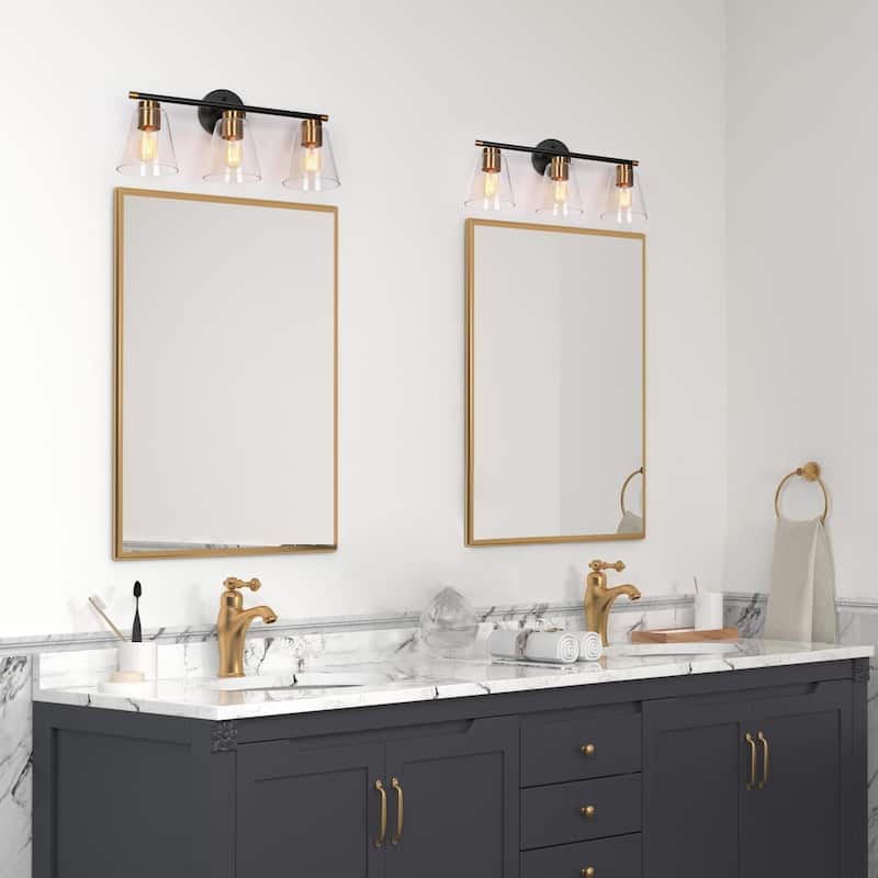Fnly Modern Farmhouse 3-light Black Gold Bathroom Vanity Light LED Dimmable Cone Sconce with Clear Glass