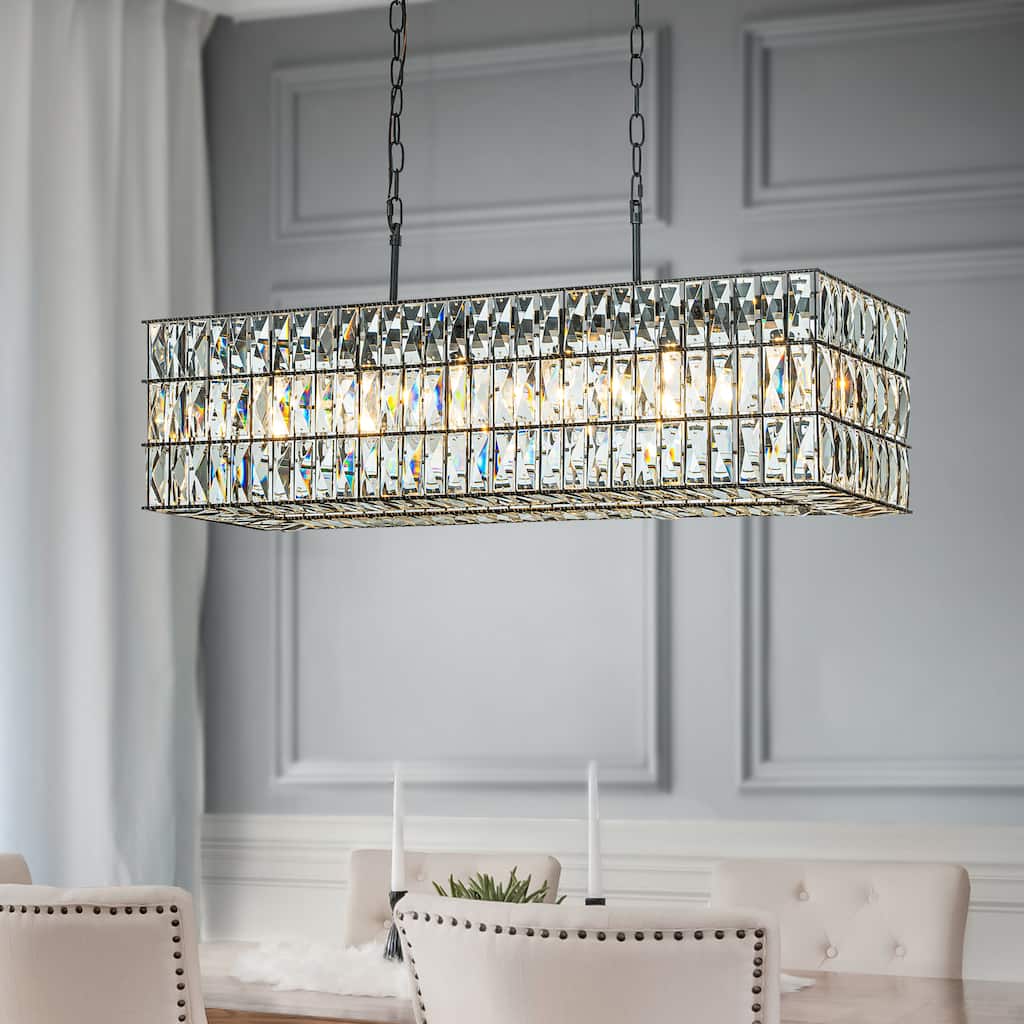 Modern Luxury 6-Light Matte Black Rectangular Chandelier with Diamond Crystal Accents for Kitchen Island & Dining Elegance