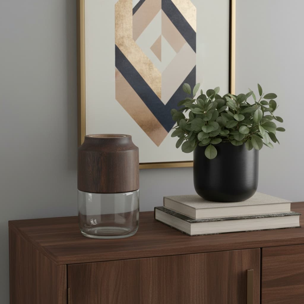 9" Brown And Clear Glass Round Table Vase With Wood - 5.50