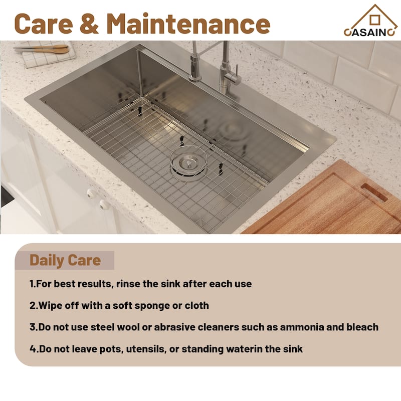 33 in. Drop-In Single Bowl 18 Gauge Brushed Stainless Steel Workstation Topmount Kitchen Sink with Sliding-Accessories