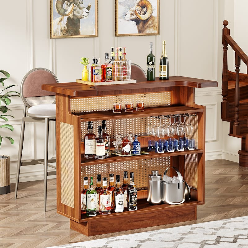 Rattan Home Bar Unit, Farmhouse 4-Tier Bar Table with 4 Stemware Racks