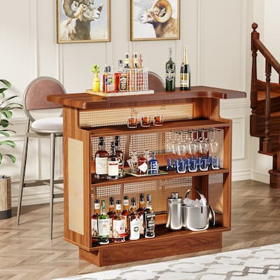 Rattan Home Bar Unit, Farmhouse 4-Tier Bar Table with 4 Stemware Racks