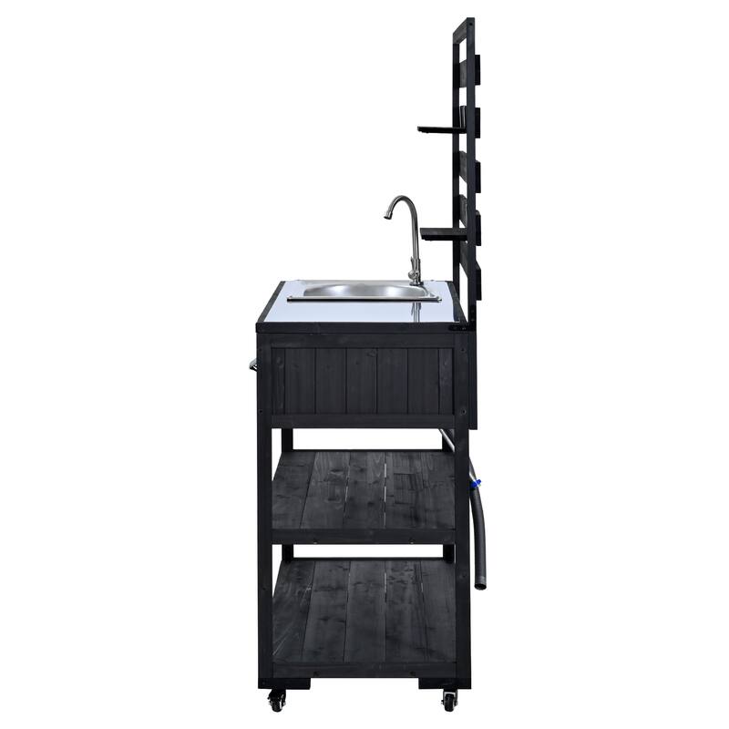 41.7'' Rolling Outdoor Kitchen Island, Solid Wood Kitchen Cart with Sink and Stainless Table Top