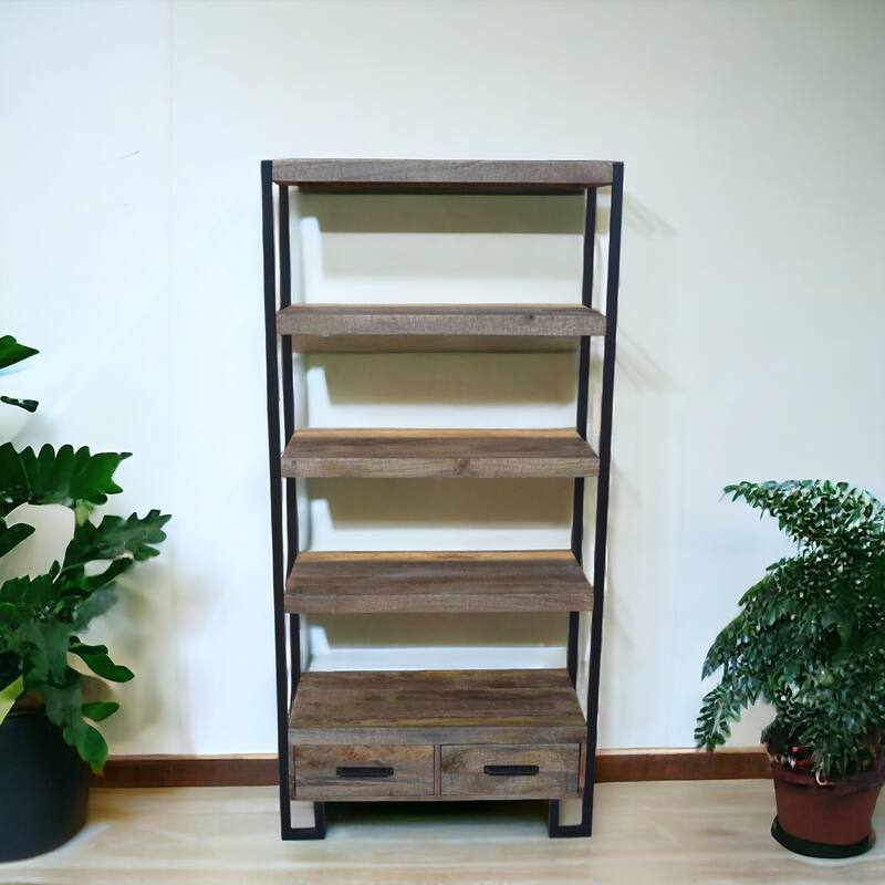 71" Brown Distressed Solid Wood Four Tier Etagere Bookcase with Two Drawers - Brown