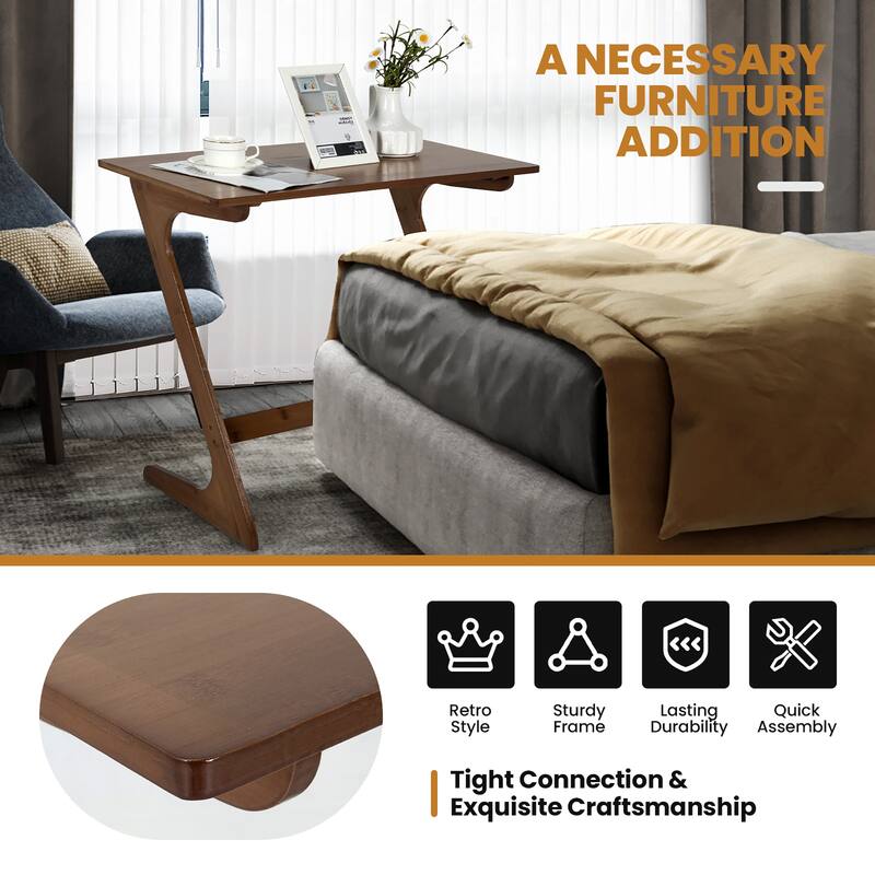 Costway Bamboo Sofa Side Table Z-Shaped Spacious Tabletop Space-Saving - See Details
