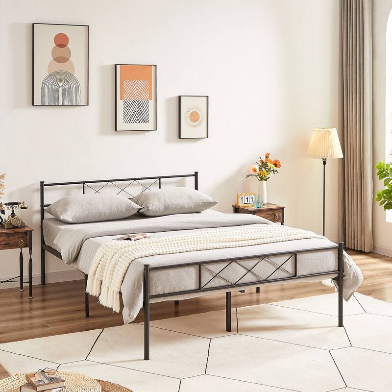 3-Piece Bedroom Set, Black Metal Platform Bed Frame and 2 Brown Nightstands