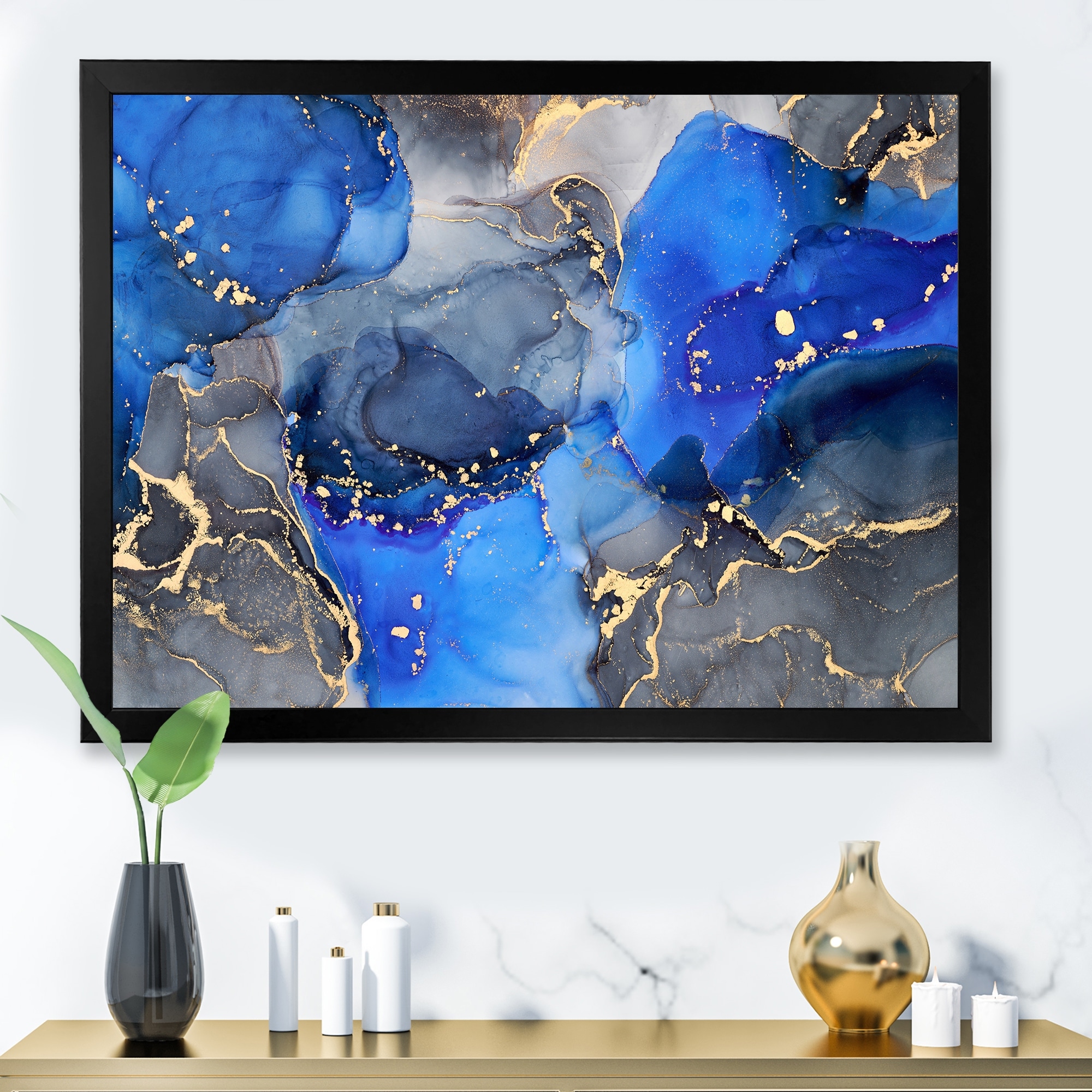 Designart "Blue And Black Luxury Abstract Fluid Art I" Modern Framed Art Print