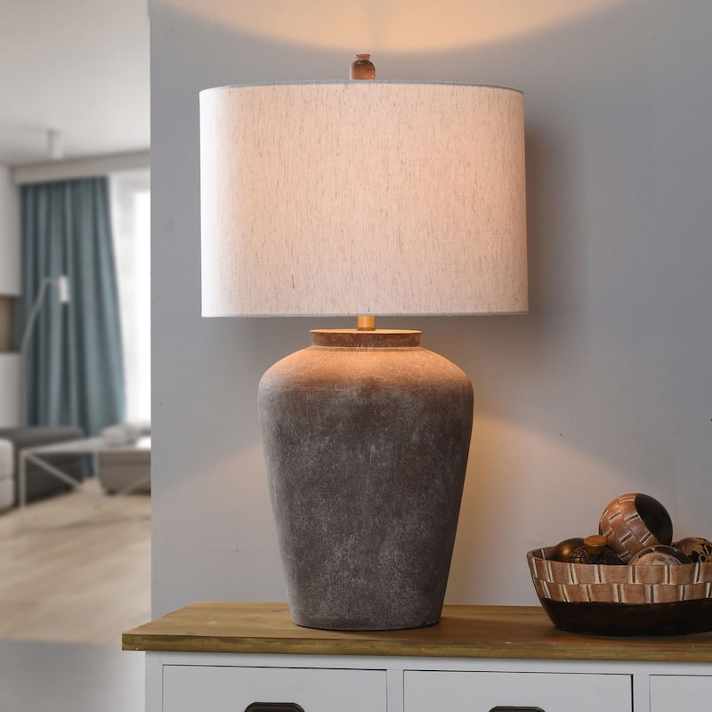 Patina Cotta - Rustic Cement Table Lamp - Aged Brown Finish - Heathered Oatmeal Shade