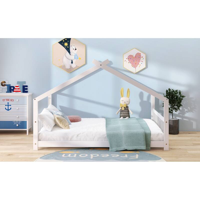 Full Size Kids' House-Style Bed with Sturdy Pinewood Frame and Playful Roof Design, White Finish