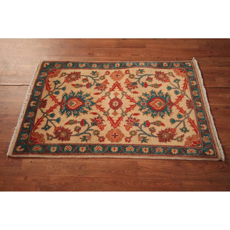 Floral Kazak Foyer Rug Hand-Knotted Yellow Wool Carpet - 2'0" x 3'0"