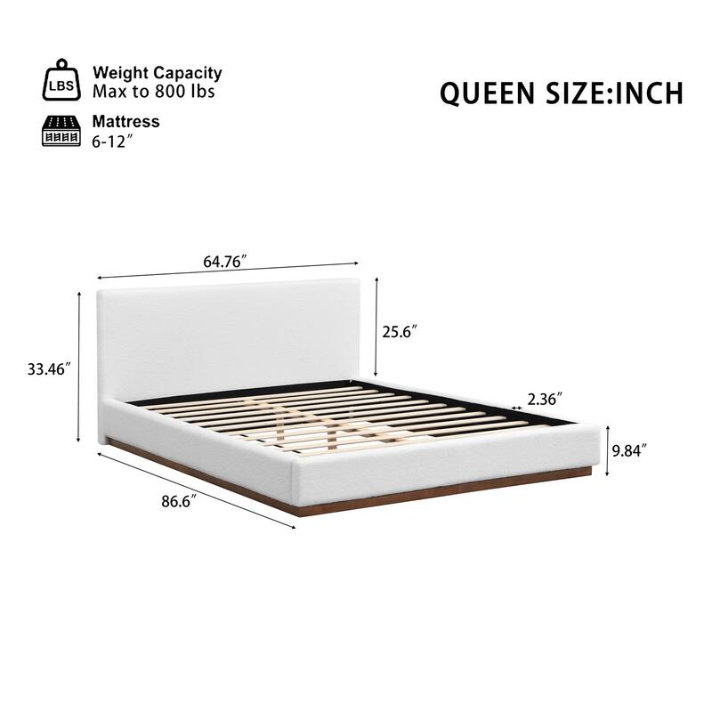 White Fabric Upholstered Bed with Boucle Headboard and Solid Wood Grain Base Frame, No Box Spring Needed