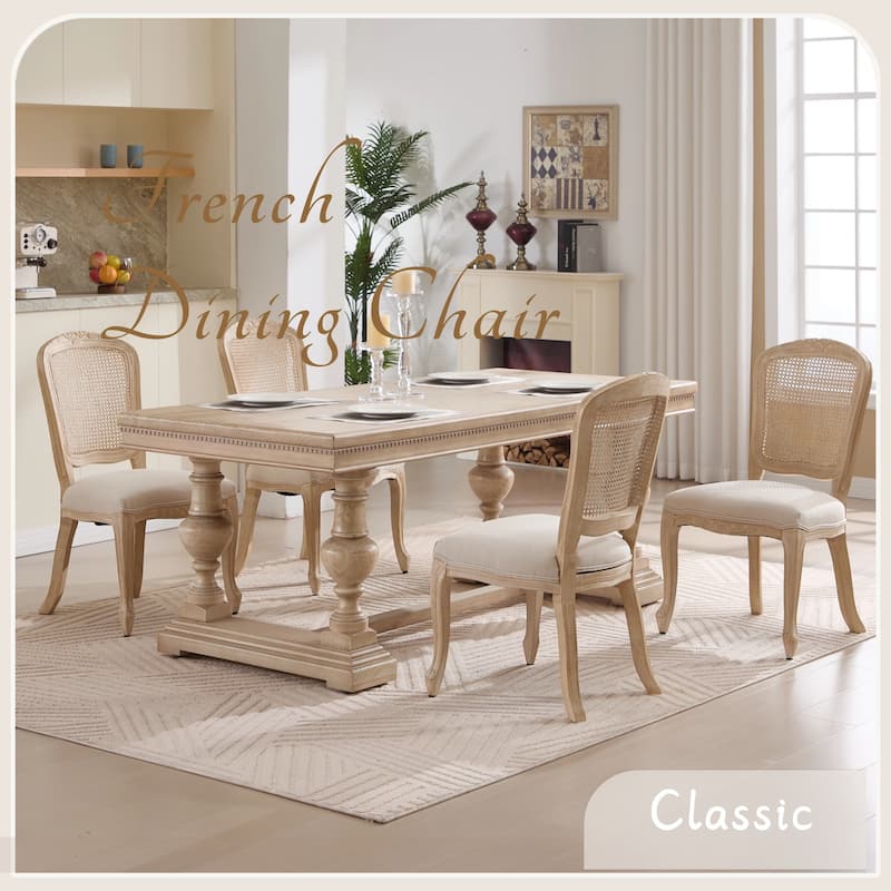 Rattan Dining Chairs Set of 2, Kitchen Side Chairs with Fan Shaped Back, Upholstered Dining Chair with Solid Wood Legs