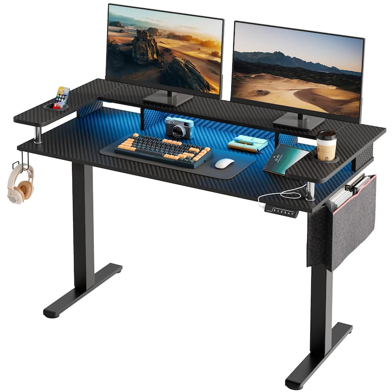 Electric Standing Desk Height Adjustable Computer Desk with Storage and Monitor Stand - Black Carbon Fiber