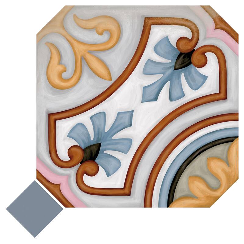 Merola Tile Vaudeville Octagon Deco Diglas with Taco Azzuro 7-7/8" x 7-7/8" Porcelain Floor and Wall Tile