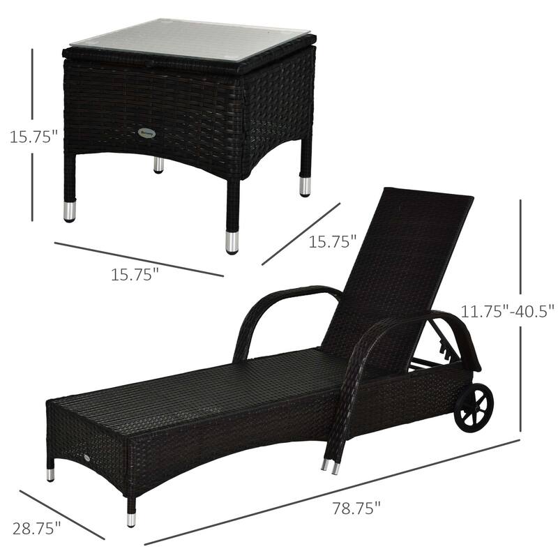 Outsunny 3 Pieces Patio Wicker Chaise Lounge Chair Set, Adjustable Outdoor PE Rattan Cushioned Lounge Set of 2 with Armrests