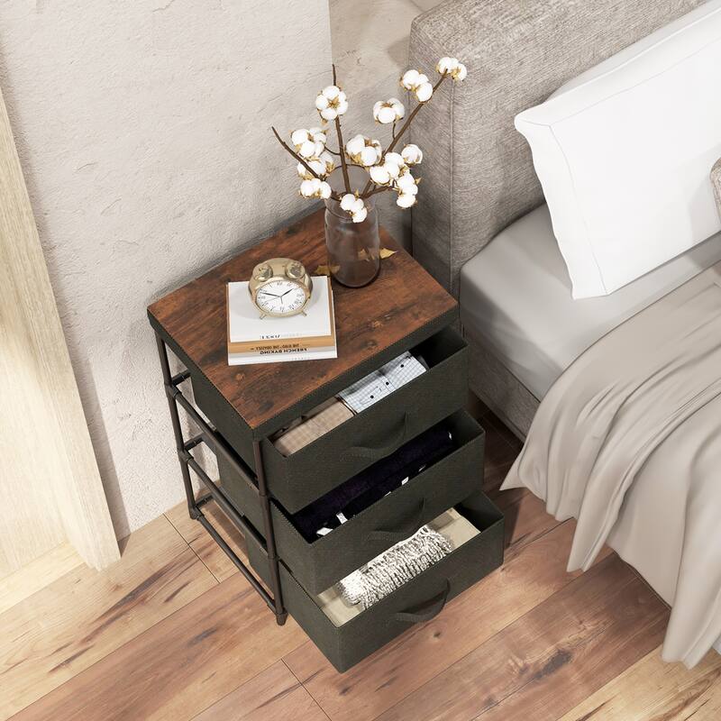 Gymax 2PCS Fabric Bedside Table 3 Drawers Nightstand Small Dresser