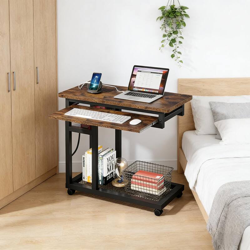 Mobile C-Shaped Console Table with Wheels - Narrow Desk & Charging Station