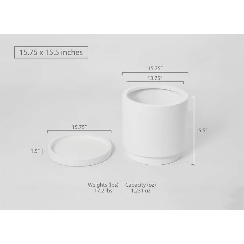 Indoor/Outdoor Large 1-Piece Nordic Minimalist Fiberstone Lightweight Round Planter Pot With Saucer - 15, 11 inch Matte Finish - 16 In. H x 15.75 In. W x 15.75 In. L - White