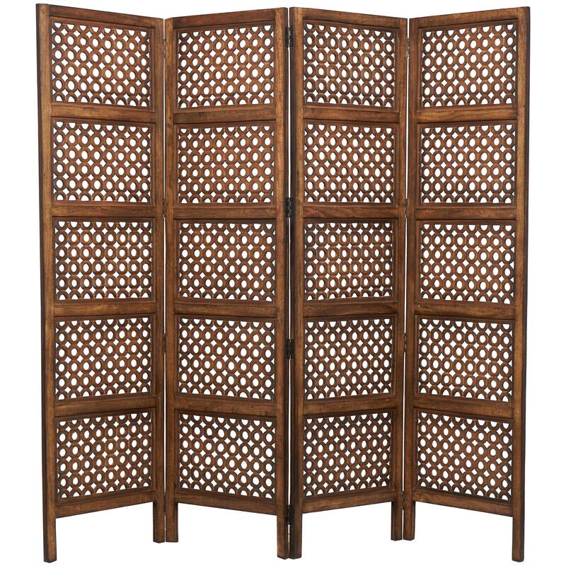 Brown Wooden Handmade Hinged Foldable Partition 4 Panel Floral Partition Room Divider Screen with Intricately Carved Designs