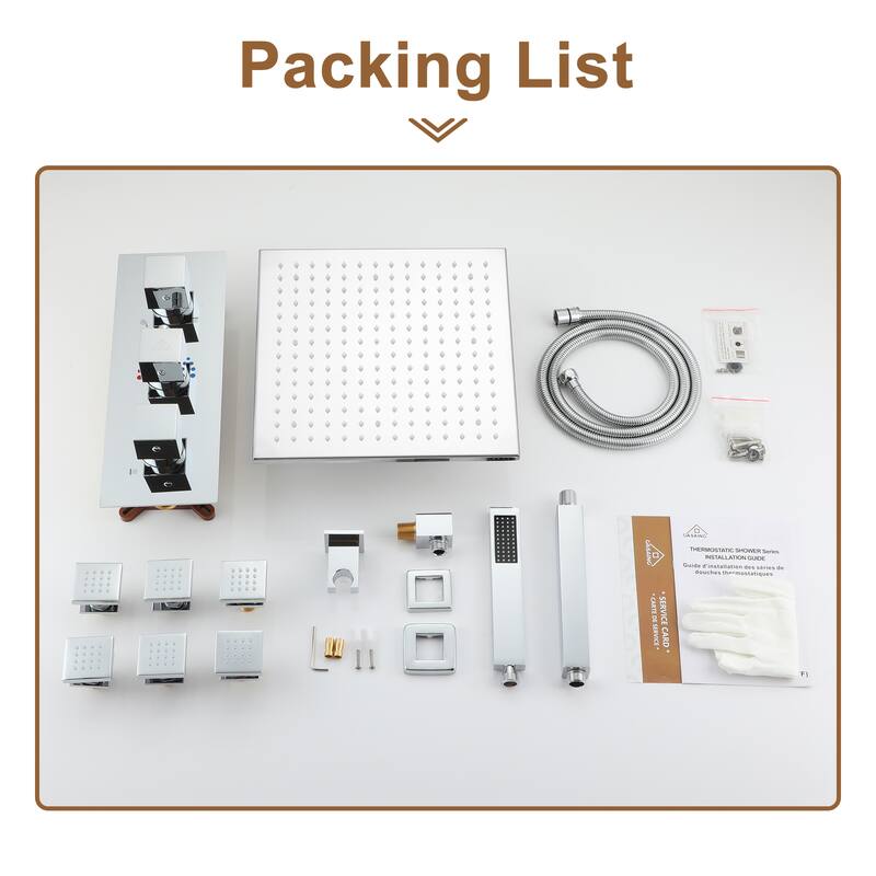 Celling 12 inch LED 3 Function Thermostatic Shower System with 6 Body Jets