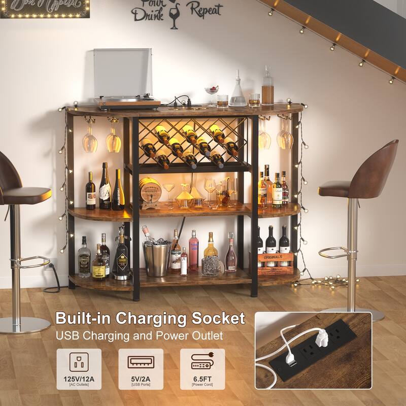 4-Tier Wine Bar Cabinet with Outlet and LED Light,Freestanding Bar Table with Glass Holder and Wine Storage