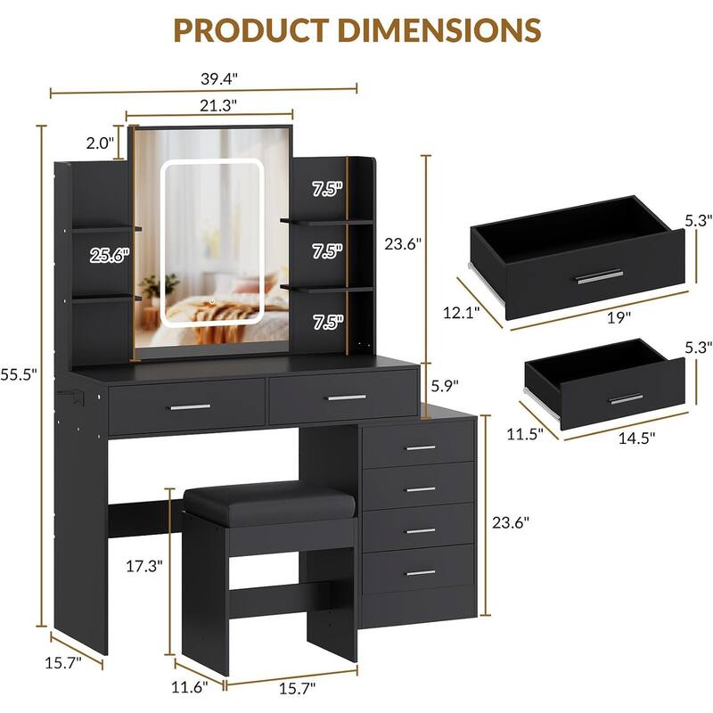 Vanity Desk with Mirror, LED Lights & Power Outlet, Makeup Table with 6 Drawers, 6 Shelves & Stool for Bedroom