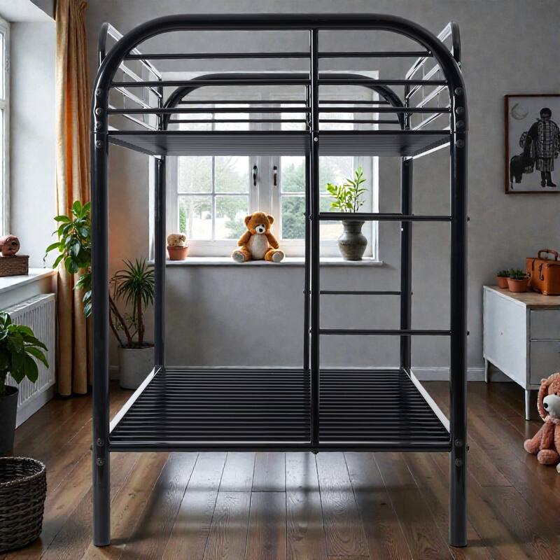 Metal Twin Over Twin Bunk Bed with 2 Ladders, Heavy-Duty Iron Frame, Full-Length Guardrails, No Box Spring Needed