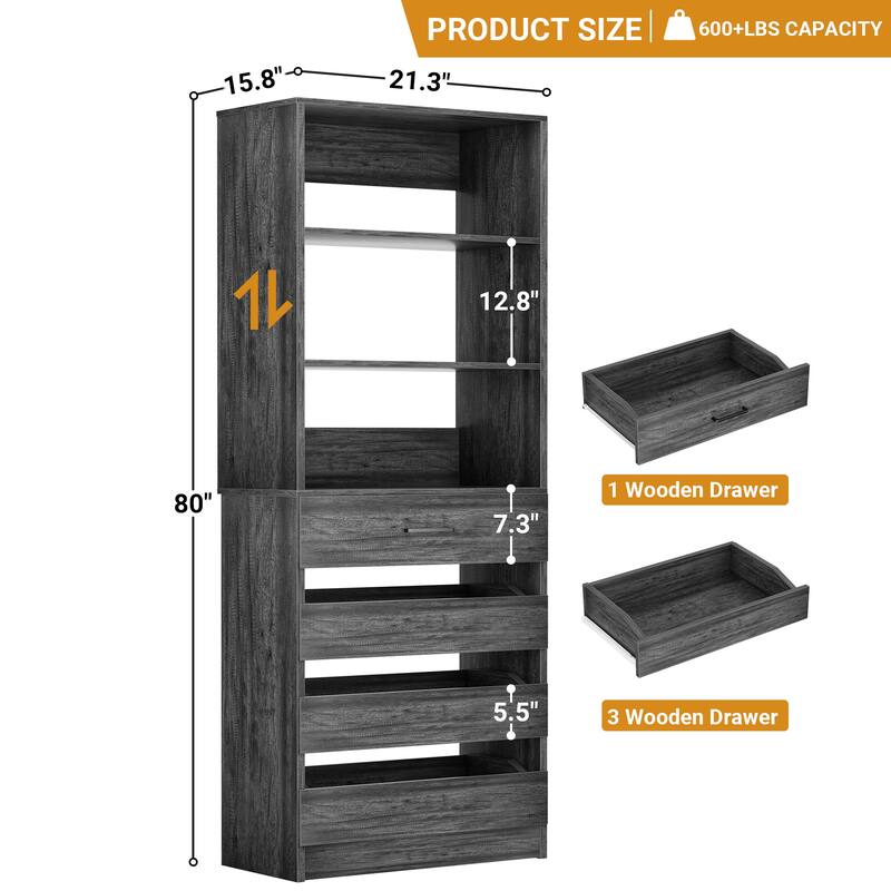 21.3" Storage Cabinet Bookshelf with Charging Station and 3 Wood Drawers, Freestanding Closet System with Storage Shelves