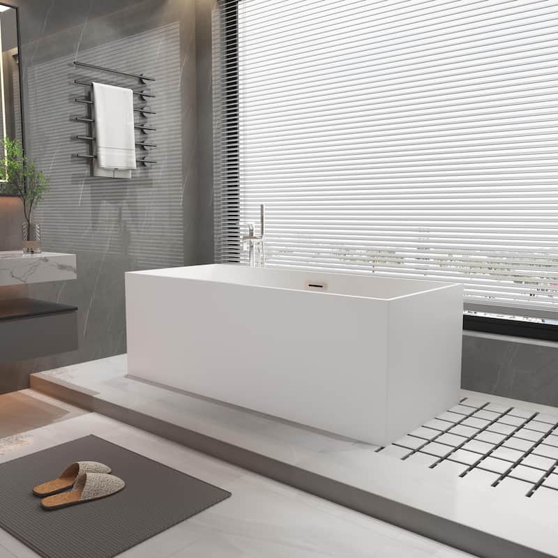 CB HOME 55"/59" White Freestanding Bathtub, Black Acrylic Soaking Tubs, Rectangular Stand Alone Tub in Three Sides Back to Wall