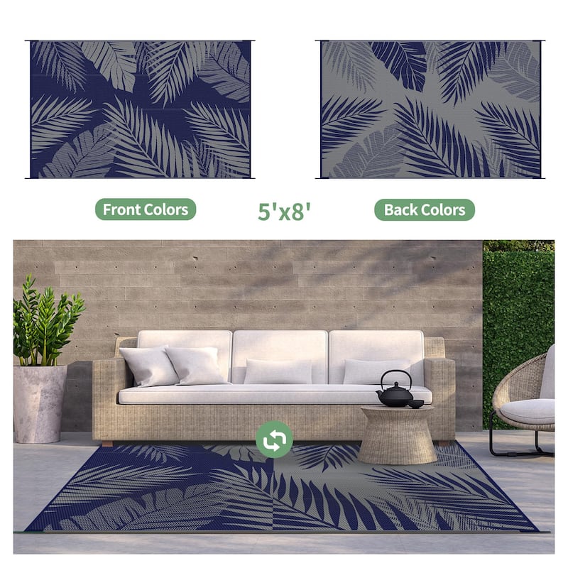Mcow Palm Leaf Collection Reversible Woven Waterproof Outdoor Area Rug