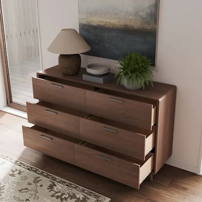 Mid-Century Modern 6-Drawer Chest, Walnut Veneer, Wooden Legs, Fully Assembled