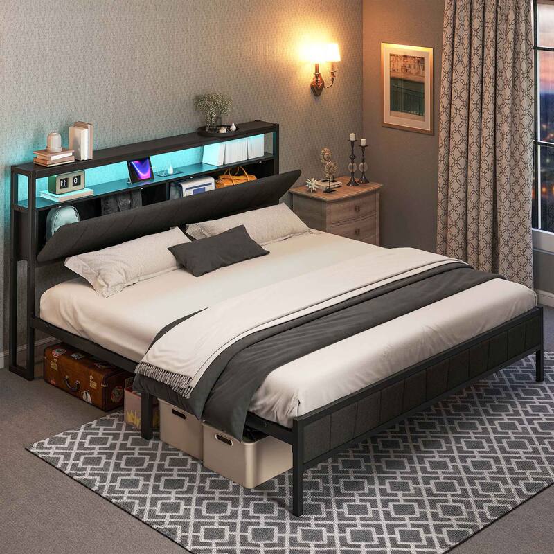 Storage Upholstered Platform Bed with LED Lighting Included and Built In USB Port