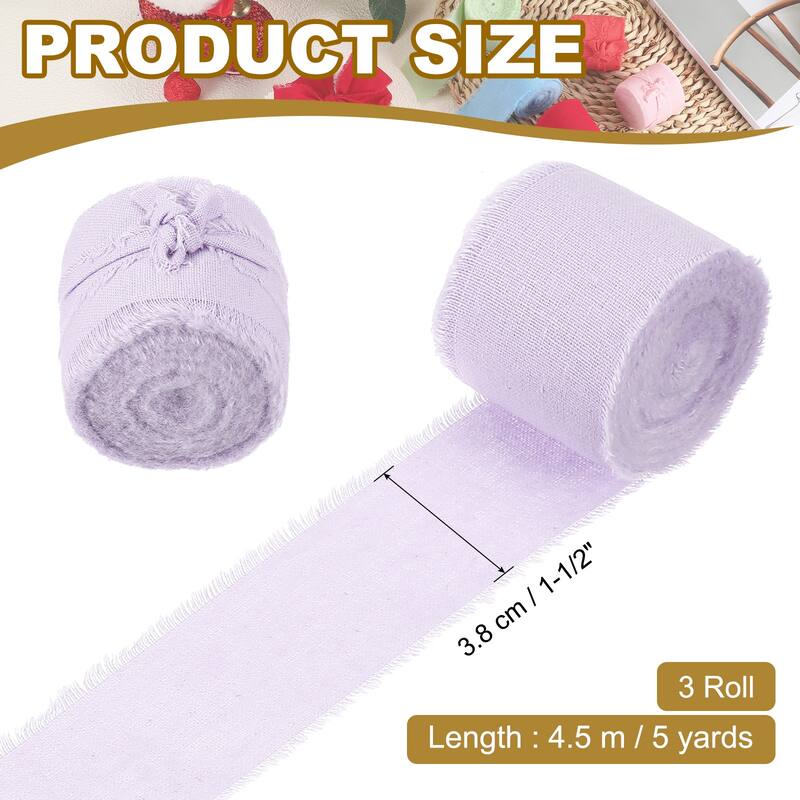 1-1/2"x15 Yd Handmade Fringe Cotton Ribbon Frayed Ribbons 3 Roll - 5Yd - Light Purple