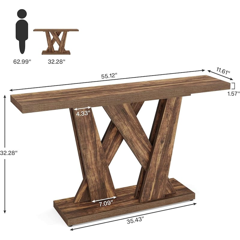 Brown MDF Farmhouse Console Table with Geometric Base for Entryway - 55.12” L x 11.61” W x 32.28” H
