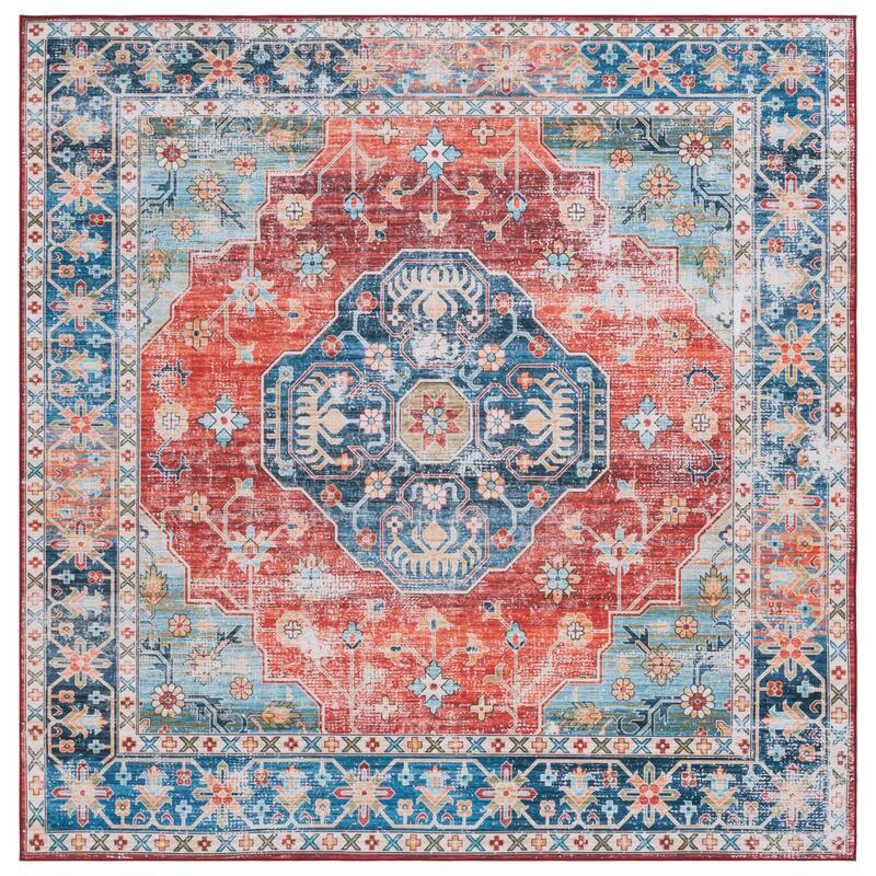 SAFAVIEH Tucson Hlin Transitional Machine Washable Rug - 6' Square - Blue/Rust