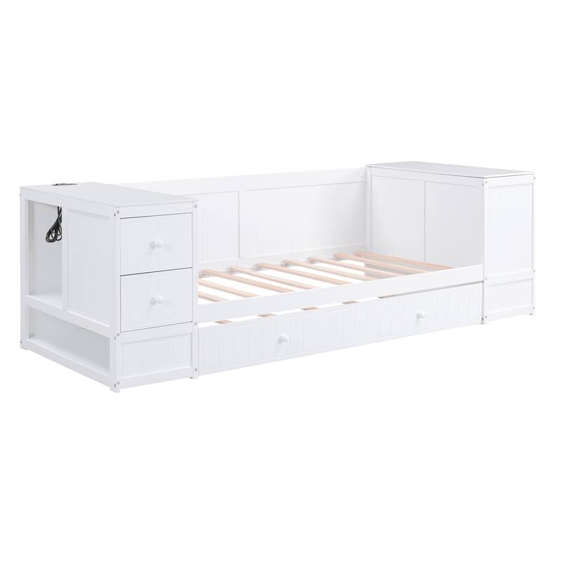 Twin Size Daybed with Storage, Trundle, and Charging Station in White