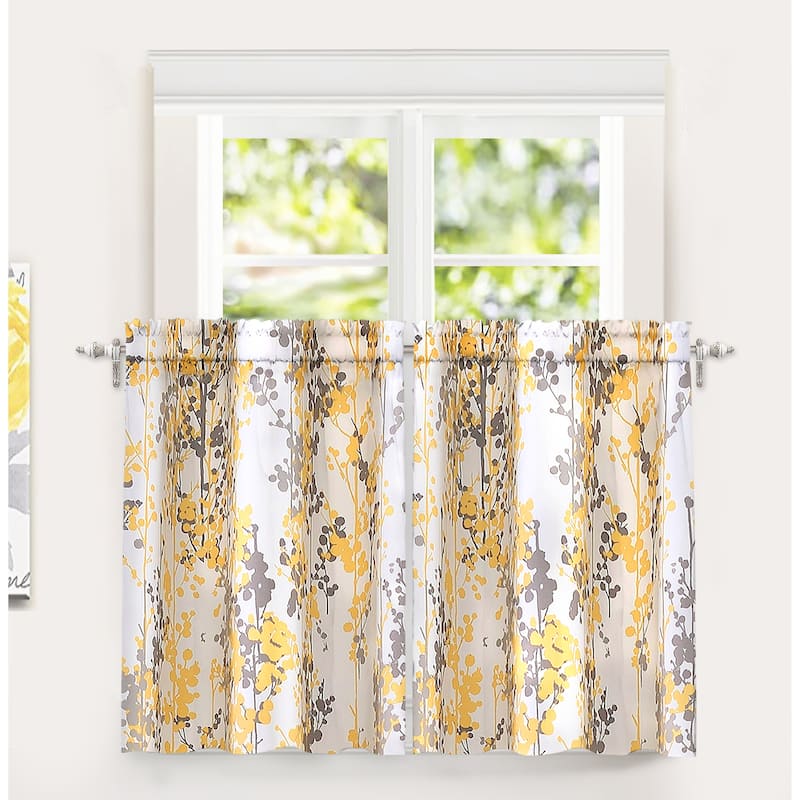 DriftAway Leah Floral Blossom Ink Painting Thermal Room Darkening Kitchen Tier Pair - 29x36 - Golden Yellow/Gray