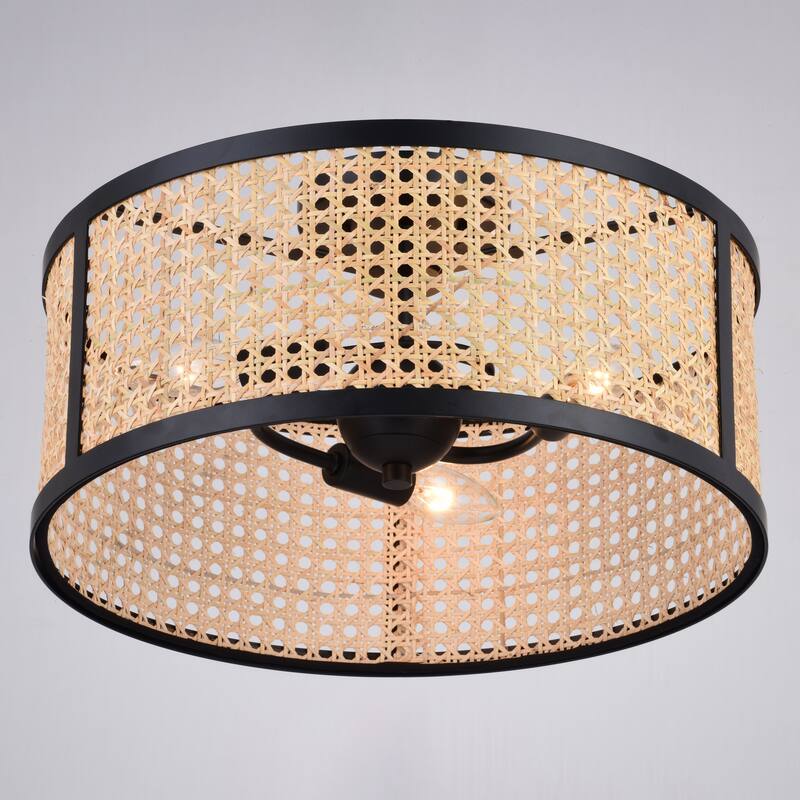 Berens 15.5-in W Matte Black Modern Farmhouse Drum Semi Flush Mount Ceiling Light with Rattan Cane Shade