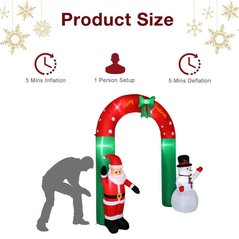 8 Ft. Tall Christmas Arch with Snowman and Santa Inflatables Outdoor Decoration with LED Lights