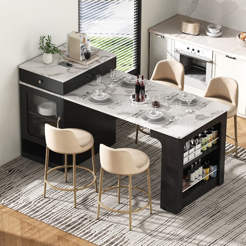 59.5" Kitchen Island with Extendable Dining Table, Kitchen Storage Table with Double-sided Storage, with 2 Drawers - Black