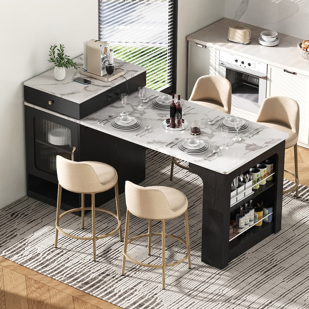 Modern 59.5" Extendable Kitchen Island - Double-sided Storage with 2 Drawers and Power Outlet