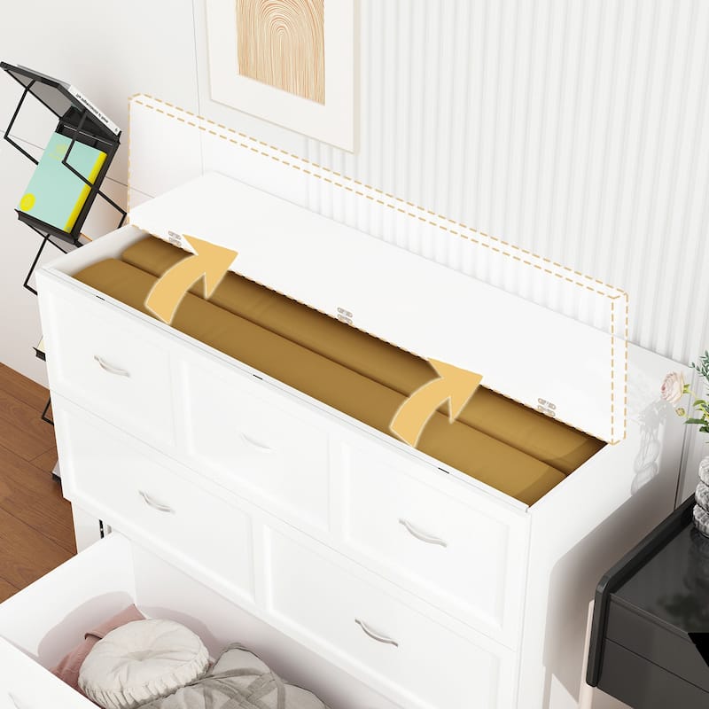 Modern Wood Full Murphy Bed Chest in White Finish Dresser 2-1 Cabinet