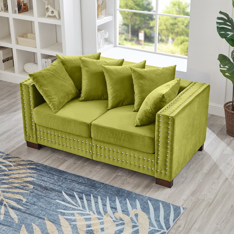 Roomfitters Modern Velvet Loveseat with Square Armrests, Upholstered Sofa with Silver Nailhead Trim for Living Room