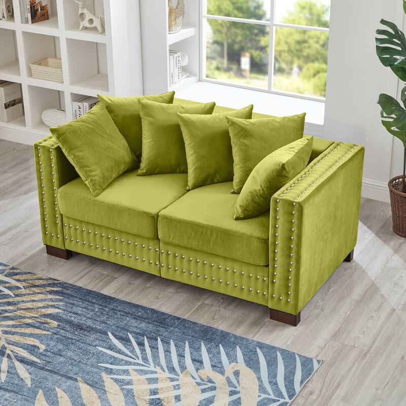 Velvet Loveseat Sofa with Storage, Comfy Upholstered Deep Seat Sofa, 2-Seater Sofa with Nailhead Trim & 6 Throw Pillows