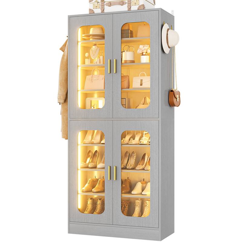 8-Tier Shoe Cabinet with LED Light, 32 Pairs Tall Shoe Storage Organizer with Side Hooks