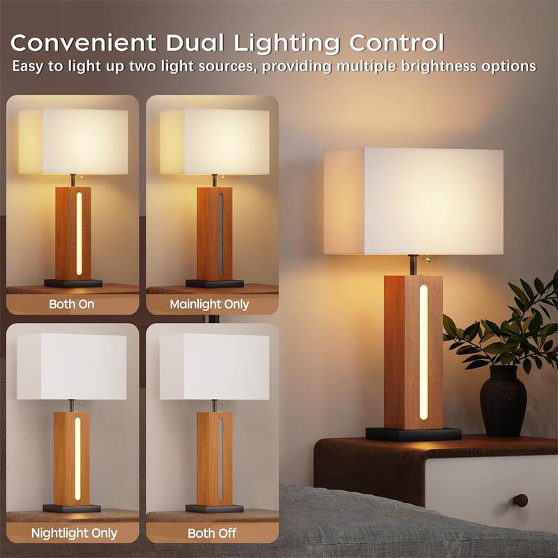 Modern Dimmable Bedside Table Lamp with LED Nightlight (Set of 2)