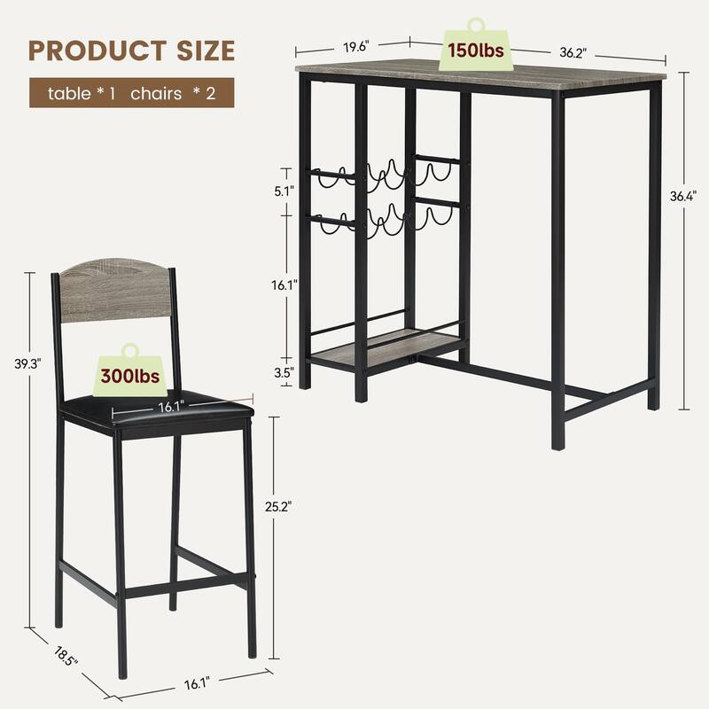 Bar Table Set of 2 with Footrest, Kitchen Dining Table with 2 Upholstered Chairs